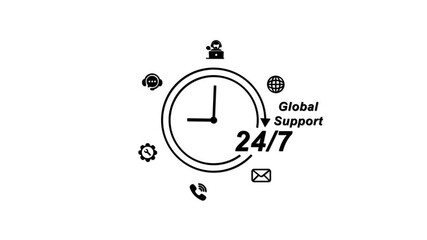 24/7 Global Support Services Clock with Customer Service Symbols 24/7 support