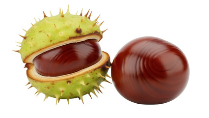 Horse chestnuts isolated PNG, ripe brown conkers with spiky green shell on transparent background, autumn harvest season