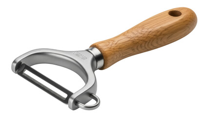 Vegetable peeler with wooden handle isolated PNG, kitchen utensil for peeling potatoes and carrots...