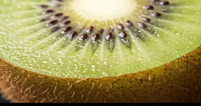 Close-up of a sliced kiwi showcasing its vibrant green flesh and intricate seed pattern