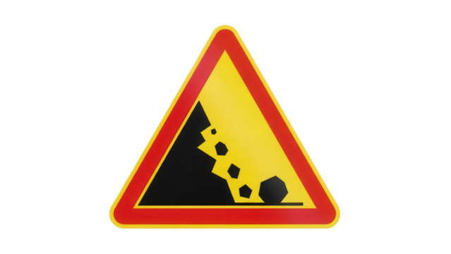 Falling rocks warning sign PNG isolated on transparent background, yellow triangle with red border for road safety and hazard awareness - Powered by Adobe