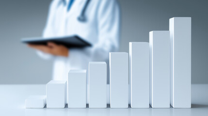 White bar graph climbs upward while physician with tablet stands blurred behind.