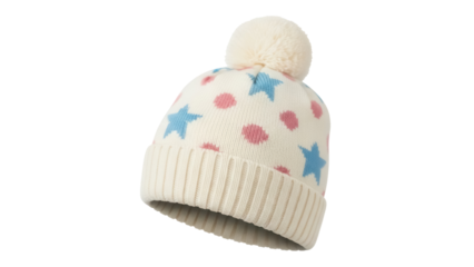 Cute knitted baby beanie hat with pompom isolated PNG, winter headwear with stars and dots pattern on transparent background
