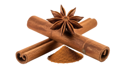 Aromatic cinnamon sticks and star anise with ground powder isolated PNG, culinary spice for baking and flavoring on transparent background