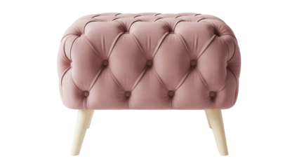 Elegant blush pink velvet tufted ottoman isolated PNG, stylish footstool with wooden legs for living room decor and furniture design