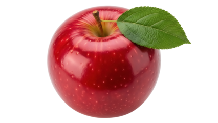 Shiny red apple with green leaf isolated PNG, fresh fruit on transparent background, healthy eating and natural food concept