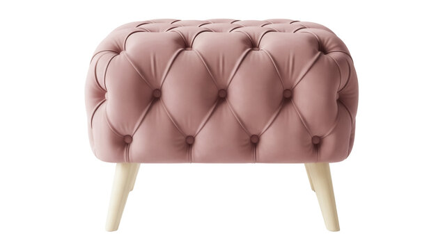 Elegant blush pink velvet tufted ottoman isolated PNG, stylish footstool with wooden legs for living room decor and furniture design