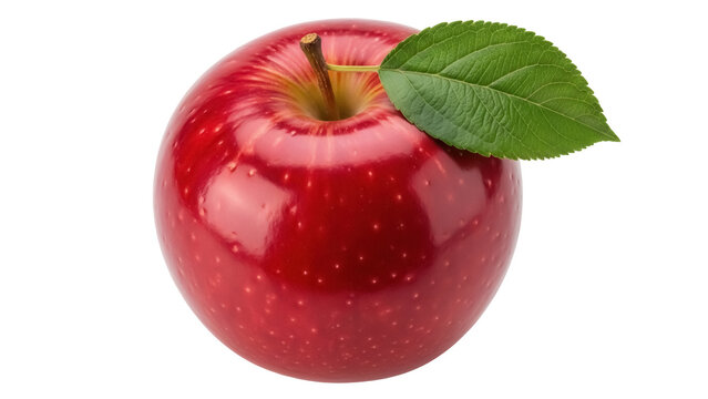 Shiny red apple with green leaf isolated PNG, fresh fruit on transparent background, healthy eating and natural food concept