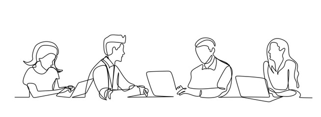 One continuous line business team meeting illustration with people sitting at desks working on laptops, minimalist line art teamwork concept. © pew