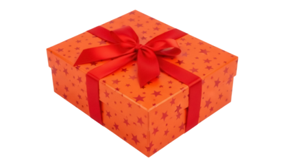 Orange gift box with red stars and ribbon isolated PNG, present for Christmas or birthday on transparent background