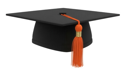 Black graduation cap with orange tassel isolated PNG, academic mortarboard for university or college commencement ceremony © Evans