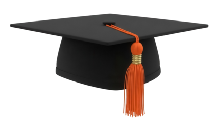 Black graduation cap with orange tassel isolated PNG, academic mortarboard for university or college commencement ceremony