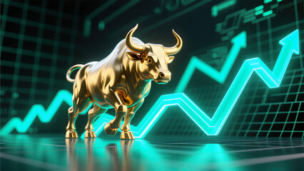 Golden bull figure charging forward with glowing green upward arrows symbolizing stock market prosperity successful financial investments wealth generation and strong bullish momentum.