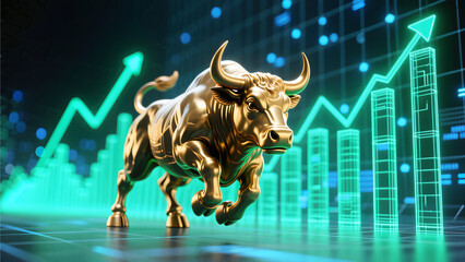 Dynamic golden bull charging past rising green bar charts and upward arrows representing rapid financial growth stock market success and profitable investment opportunities.