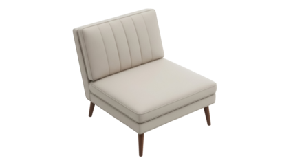 Modern beige armchair isolated PNG on transparent background, minimalist seat with wooden legs for living room and interior design