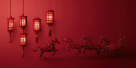Running red zodiac horse passes traditional lanterns on textured celebratory background.​