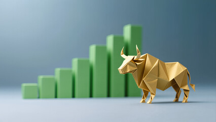 Origami Golden Bull Financial Growth Concept Minimalist Investment Success Paper Art Bar Chart Rising Trend Economic Prosperity Wealth