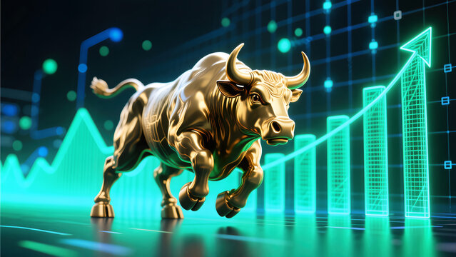 Majestic golden bull running alongside a glowing green upward chart representing fast paced stock market growth financial success and high return investment performance.