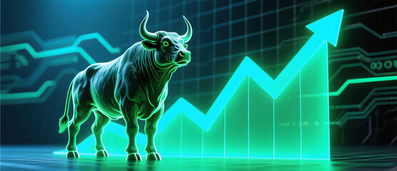 Large bull silhouette standing next to a bright green rising bar graph symbolizing market stability financial growth and consistent profit gains in stock exchange.