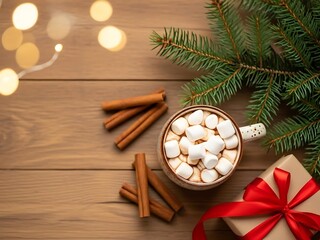  Cozy Christmas Hot Chocolate Flat Lay on Wood, Festive Pine Branches, Cinnamon, Gift, Warm Hygge Holiday Scene, Overhead View