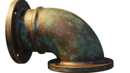 Patinated copper pipe elbow isolated PNG, plumbing fitting with flange for industrial and steampunk design on transparent background