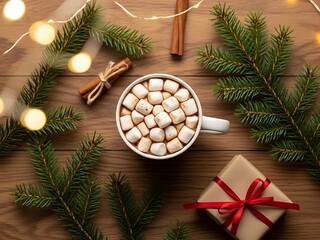  Cozy Christmas Hot Chocolate Flat Lay on Wood, Festive Pine Branches, Cinnamon, Gift, Warm Hygge Holiday Scene, Overhead View