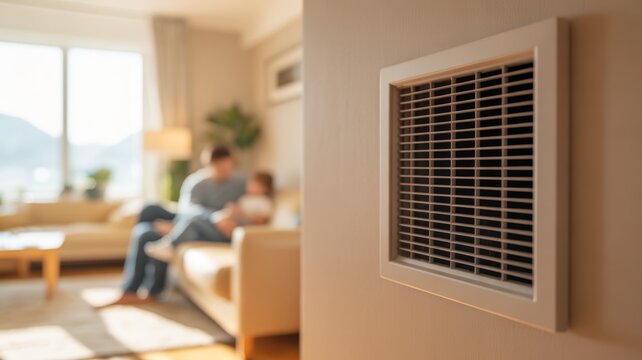 Metal slats of the vent. In the blurred background, a happy mother and young son are relaxing together on a beige sofa in a sunlit living room. 
