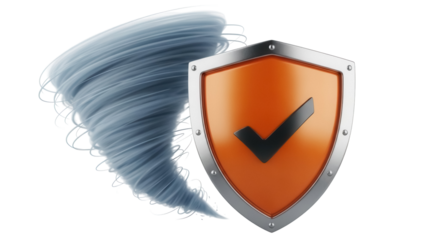 Blue tornado with orange shield and checkmark isolated PNG, protection against natural disasters and cybersecurity concept