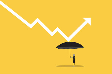 Economic recovery from crisis, business protection or stock market bounce back from recession concept, smart confidence business woman holding strong umbrella to recover white arrow economic graph