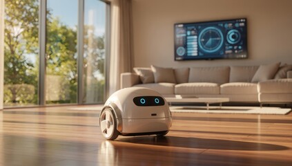Smart device features glowing blue digital eyes and wheels,there is a comfortable sofa, a TV screen displaying a smart home control interface. 

