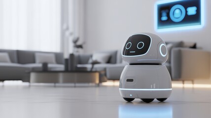 A futuristic small white domestic robot assistant moving across a clean wooden floor in a sunlit modern living room. 
