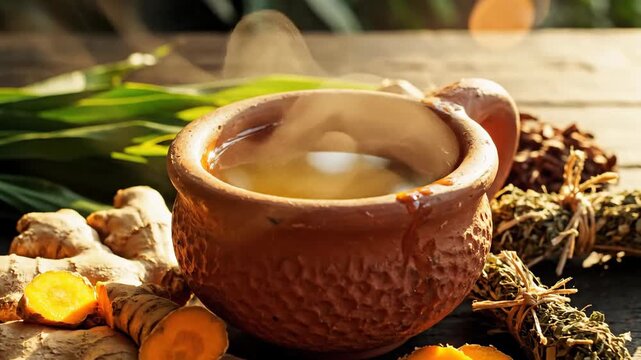 Steaming herbal beverage in a rustic mug with natural ingredients