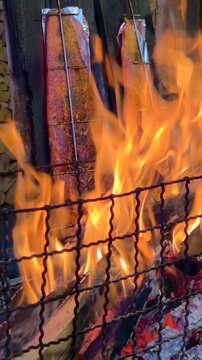 Flammlachs wird am offenen Feuer gegrillt, Weihnachtsmarkt, M&uuml;nchen, Bayern, Deutschland