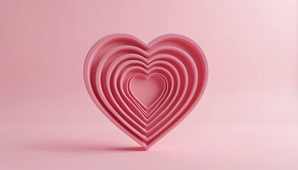 Concentric pink hearts on soft pink background creating depth. Minimalist abstract object perfect for love related themes and celebrations. Sweet romantic design element.