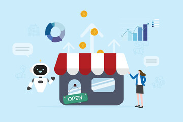 AI assistant robot planning promotion advertising for business marketing evaluation sale plan forecast. Graphs, dash board and digital charts. Businessman use artificial intelligence smart technology.