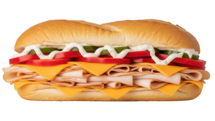 Delicious turkey sub sandwich isolated PNG, with cheese, tomatoes, cucumbers, and creamy sauce on a fresh roll for lunch or dinner