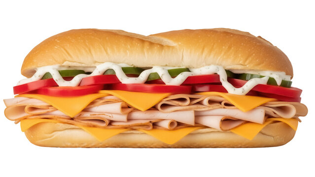 Delicious turkey sub sandwich isolated PNG, with cheese, tomatoes, cucumbers, and creamy sauce on a fresh roll for lunch or dinner