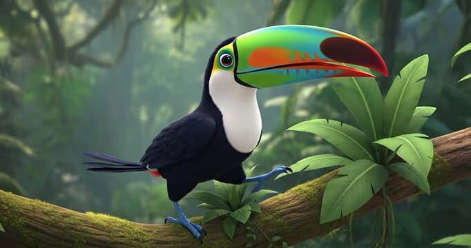 Colorful toucan perched on a branch in a vibrant jungle, showcasing its unique beak