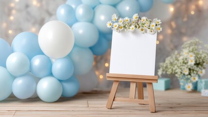 Blank vertical announcement board on wooden easel, framed by festive blue and white balloon surrounded fluffy arch, by clouds
