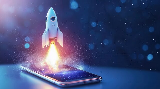 Rocket taking off a mobile phone screen, representing fast business start, and technology data development, network