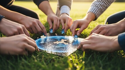 People assembling jigsaw puzzle on grass