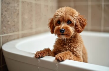 Small apricot poodle waits in bathtub. Wet dog with drips on snout and paws. Doggy needs grooming and bath time in bathroom. Purebred canine gets washed.