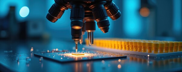 Microscope examines chip under bright light. Tiny circuits glow, lab equipment arrayed. Research, science, tech development happens with precision instruments.