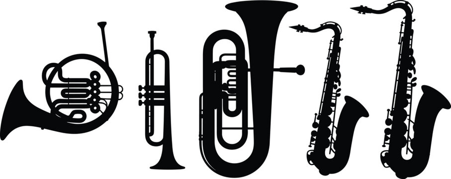 A Detailed Collection of Five Black Silhouettes Featuring a French Horn, Trumpet, Tuba, and Two Saxophones, Isolated on a White Background.