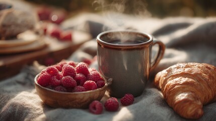 Cozy outdoor picnic scene with a steaming hot drink in a ceramic mug, fresh raspberries in a small bowl, buttery croissant on rustic fabric, soft morning or sunset light, natural textures