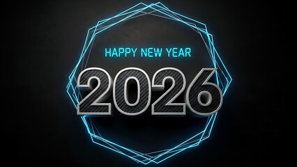 Futuristic blue neon 2026 happy new year text on carbon fiber background with tech style geometric lines