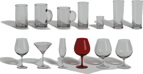 Glassware and drinkware collection set including wine glasses, beer mugs, cocktail and shot glasses for bar, restaurant, and hospitality design © Rubya