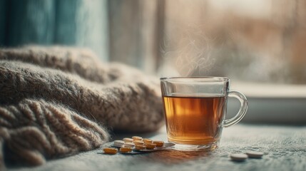Hot herbal tea in a clear glass cup with visible steam, pills placed nearby on a soft cozy blanket, warm home interior atmosphere, concept of cold treatment and home care