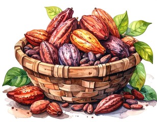 Watercolor illustration of a basket brimming with cacao pods, seeds, and vibrant green leaves