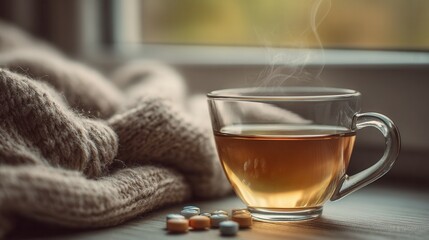 Hot herbal tea in a clear glass cup with visible steam, pills placed nearby on a soft cozy blanket, warm home interior atmosphere, concept of cold treatment and home care